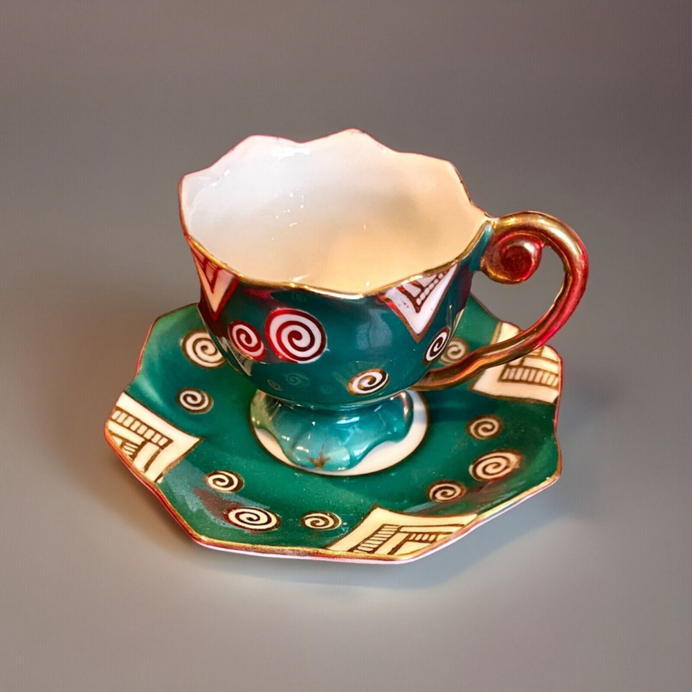 Vintage Miniature Tea Cup and Saucer Made In Japan Mini Gold Trim Octagon Shape
